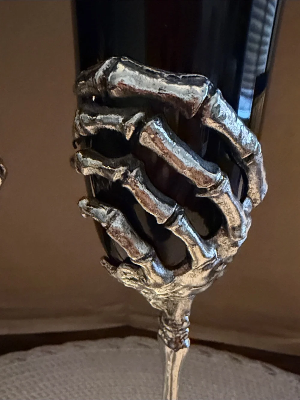 Black Wine Glassware Silver Metal Skeleton Hands Halloween Gothic HTF